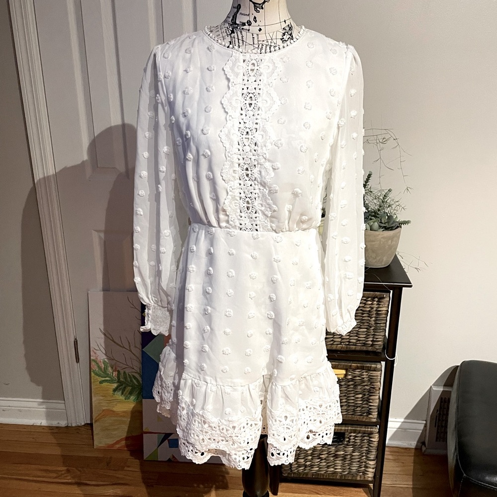 Simplee Apparel Crochet Lace Pompom 3D Eyelet Embroidery polka Dot boho Dress L